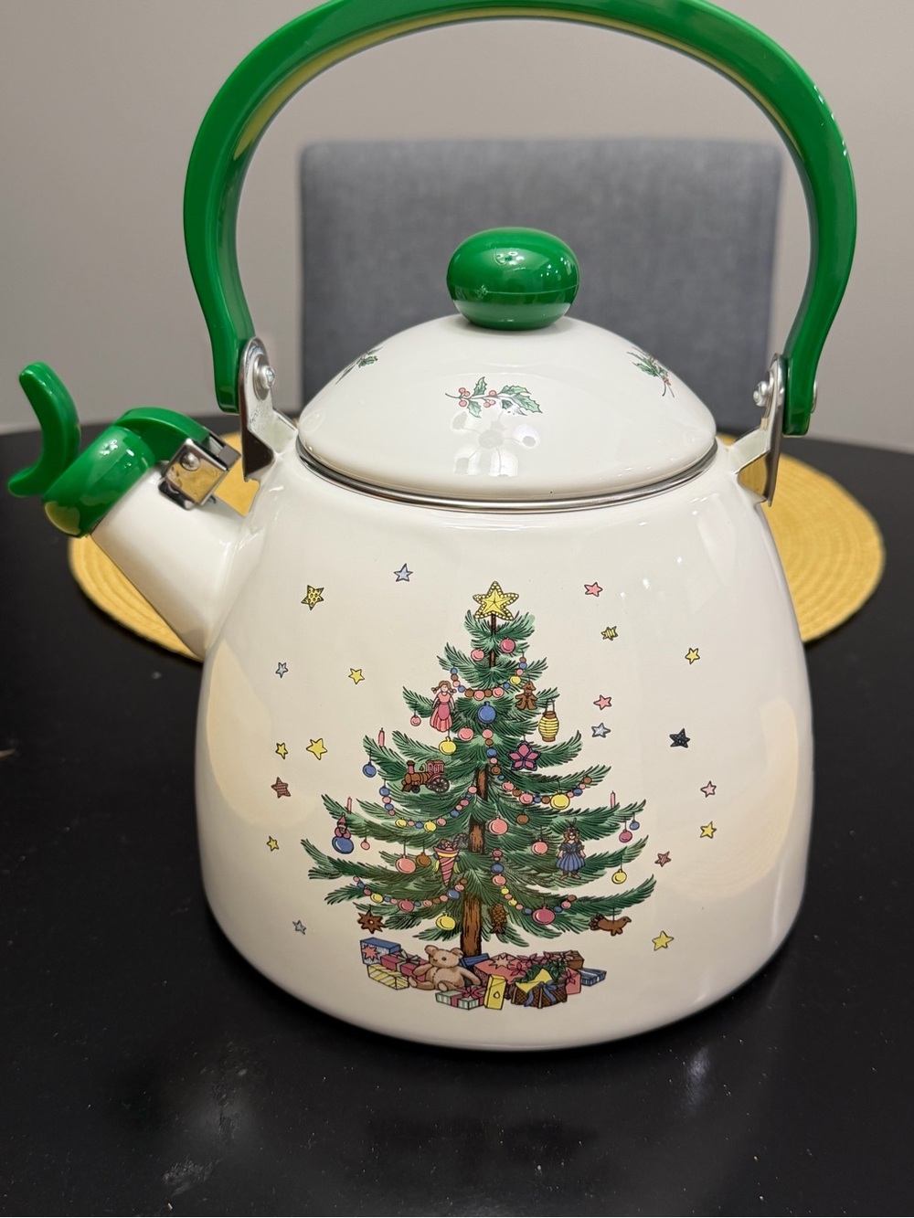 Vintage Festive Nicco Christmas Tree Tea Kettle with Green Handle